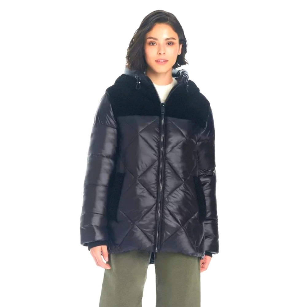 Koolaburra By Ugg Sherpa Mixed- Media Water Resistant Hooded Puffer Jacket